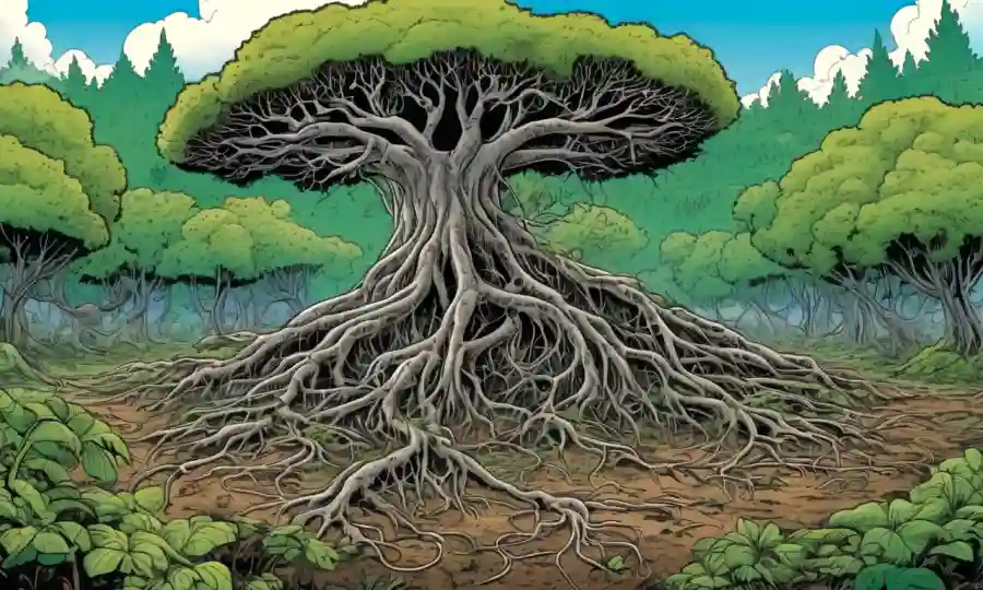 Las raíces de los árboles enlazadas con hifas fúngicas en un exuberante paisaje, simbolizando conexiones de ecosistemas sostenibles.