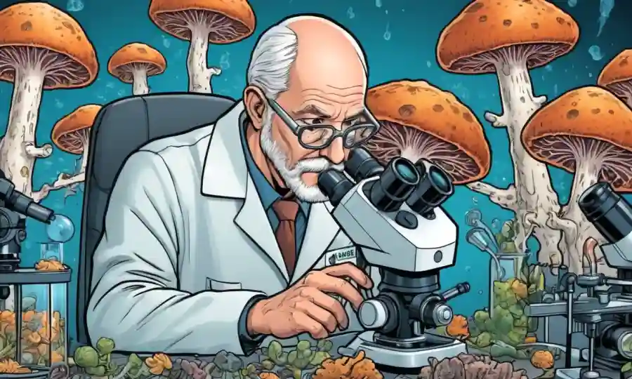 Científico estudiando hongos bajo microscopio con diversos avances tecnológicos.