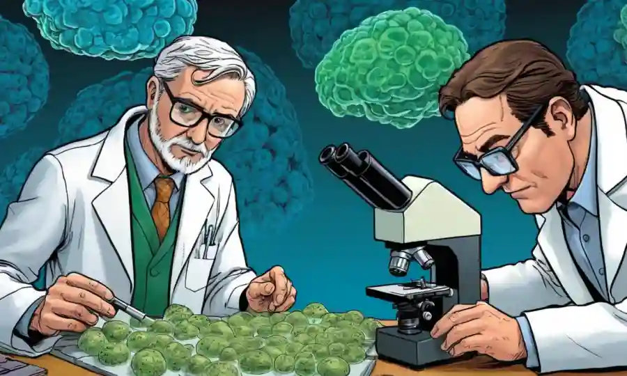 Científico examinando muestras fúngicas bajo microscopio.