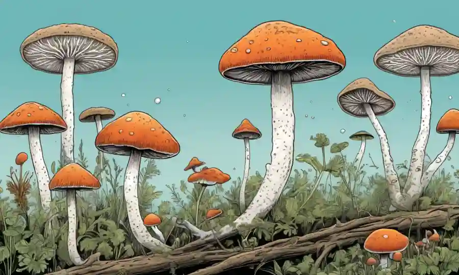 Las ilustraciones de hongos en una línea de tiempo destacando los avances científicos en la tecnología de indicadores micológicos.