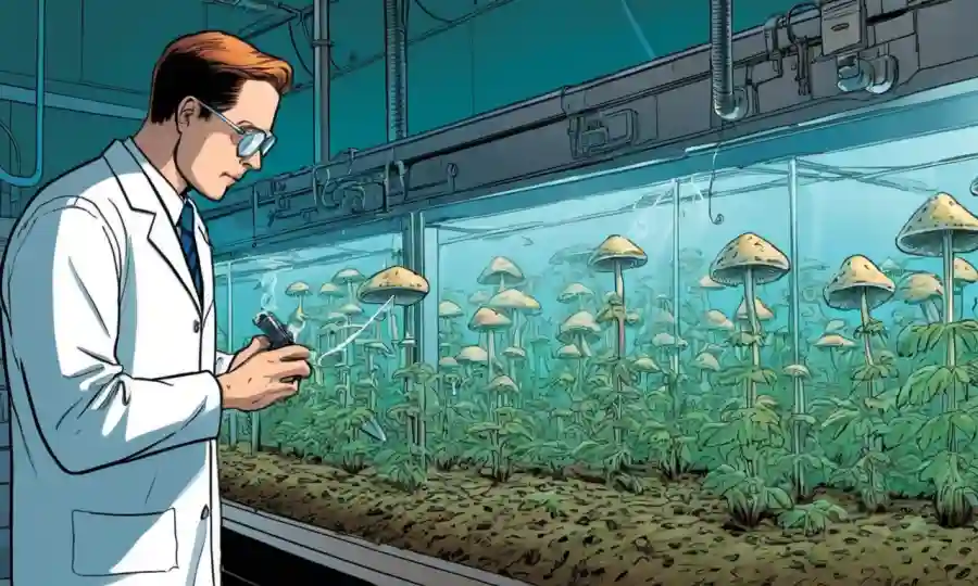 Científico que examina la cámara llena de CO2 para cultivo de hongos.
