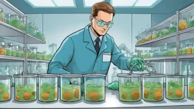 Un científico que observa el cultivo de hongos en los platos Petri de laboratorio con equipo de CO2.