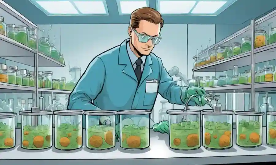 Un científico que observa el cultivo de hongos en los platos Petri de laboratorio con equipo de CO2.