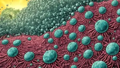 Un gráfico estilizado que muestra el aumento de la resistencia antibiótica superada en una imagen magnificada de células fúngicas.