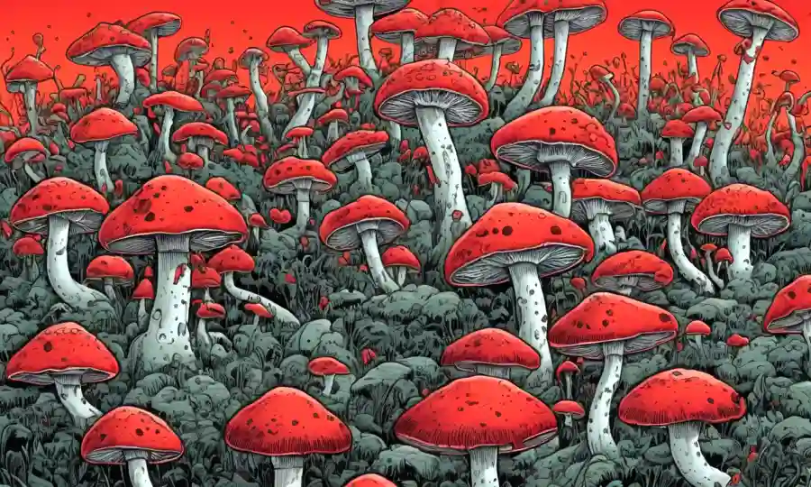 Una ilustración dramática de hongos superando figuras humanas con rojo Xs en antibióticos, simbolizando consecuencias no deseadas.