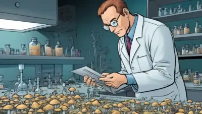 Un científico que examina muestras de hongos en un laboratorio.