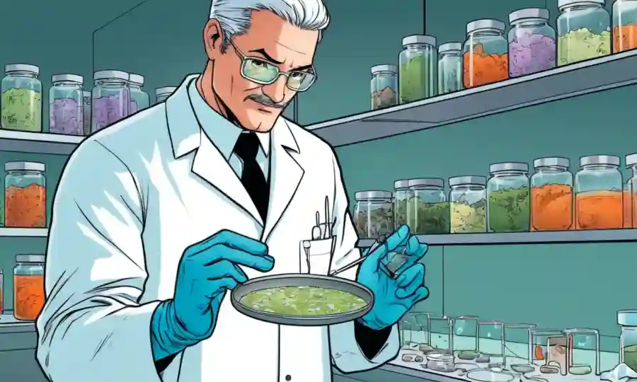 Científico sosteniendo un plato Petri con culturas de hongos en un entorno de laboratorio.