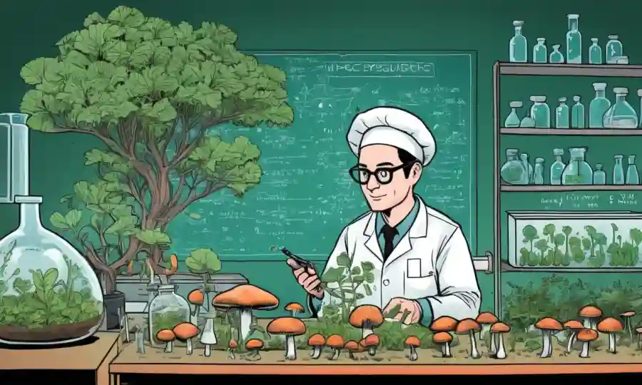 Investigadora examinando hongos en un laboratorio con vegetación y ecuaciones.