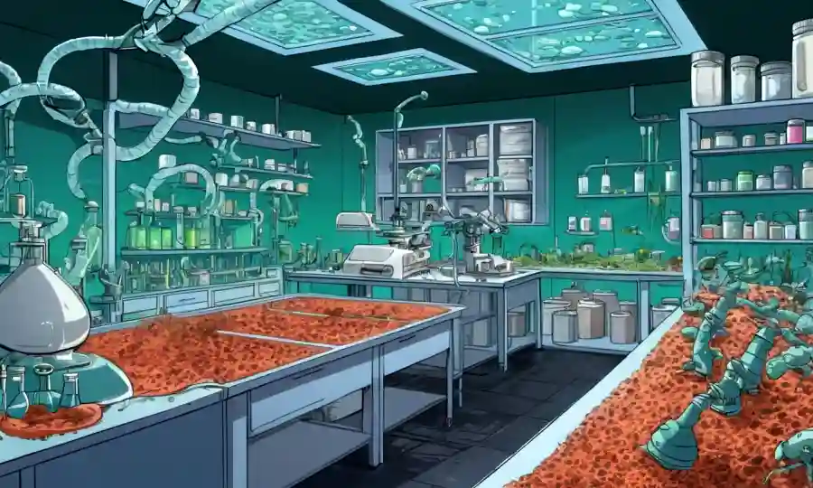 Instalación de cultivo de hongos con microscopios y calzoncillos rodeados de diversos productos biológicos.