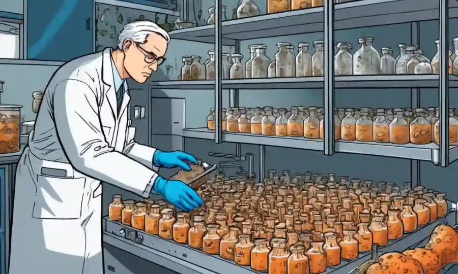 Un científico que estudia varias especies de hongos en un laboratorio con equipos de fermentación.