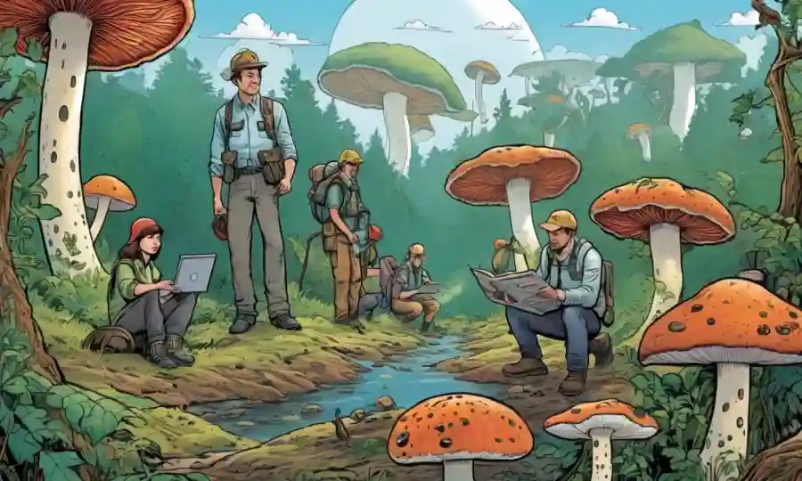 Ecologistas estudiando hongos en diversos ambientes.