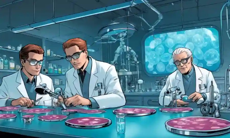 Científicos que examinan hongos en platos petri con equipos médicos futuristas en el fondo.