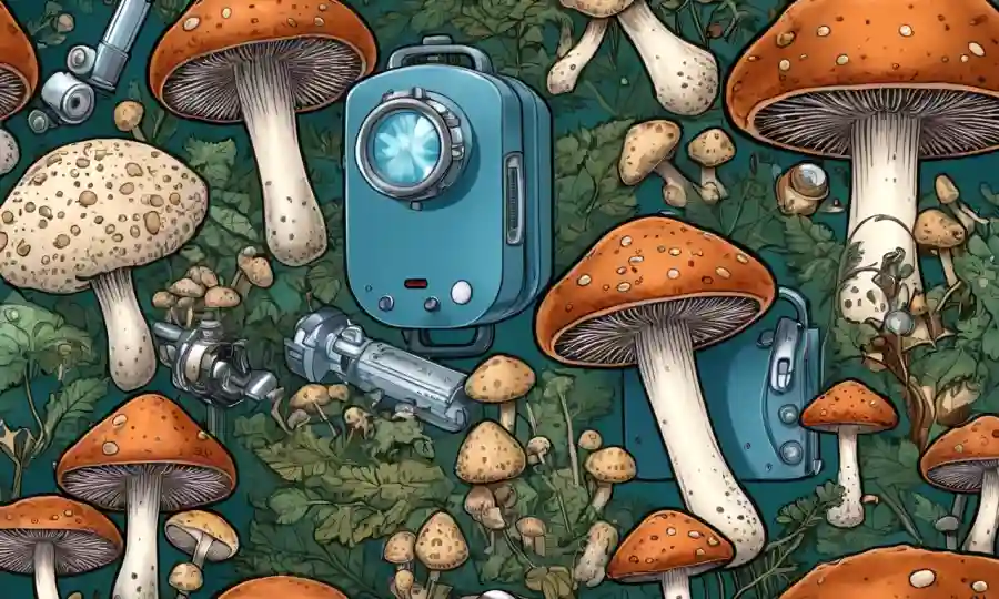 Esporas de hongos y vistas microscópicas con equipos médicos que rodean.