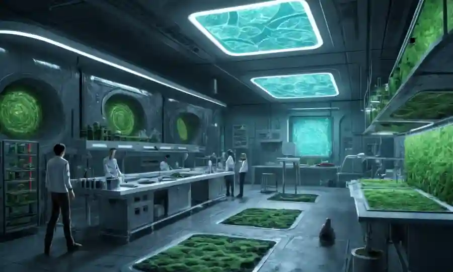 Un marco de laboratorio futurista que muestra textiles hongos y usos innovadores en materiales sostenibles.