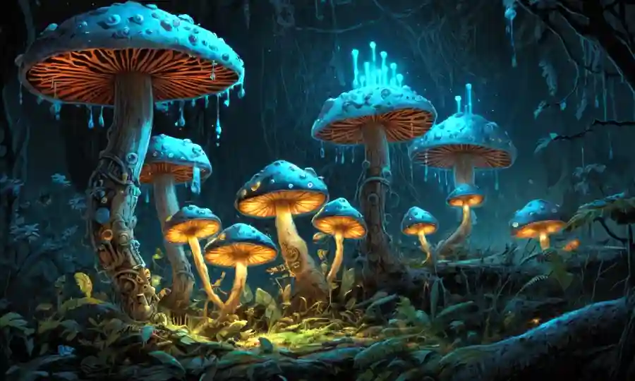Un concepto de tecnología basado en hongos visualizado con hongos y engranajes brillantes.