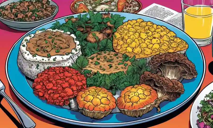Un plato de platos de hongos coloridos acompañados de libros de nutrición e ilustraciones de estilo de vida.