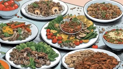 Un plato de varios platos con hongos mezclados con verduras y carnes.