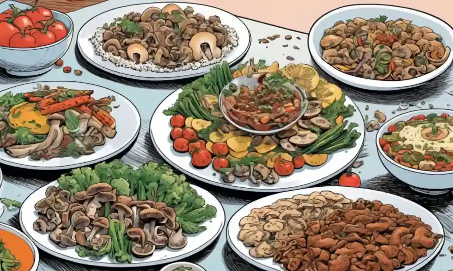 Un plato de varios platos con hongos mezclados con verduras y carnes.
