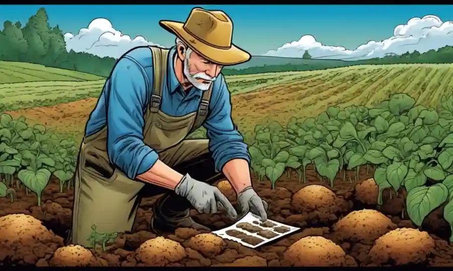 Agricultor mirando muestras de suelo o analizando datos con beneficios de crecimiento de hongos para cultivos.