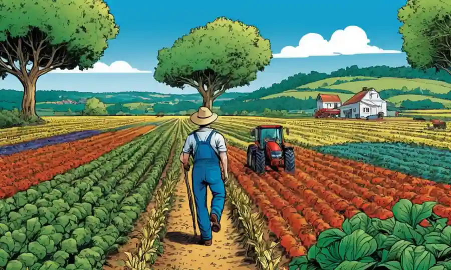 Un campo de cultivos florecientes con árboles y agricultores en el fondo.