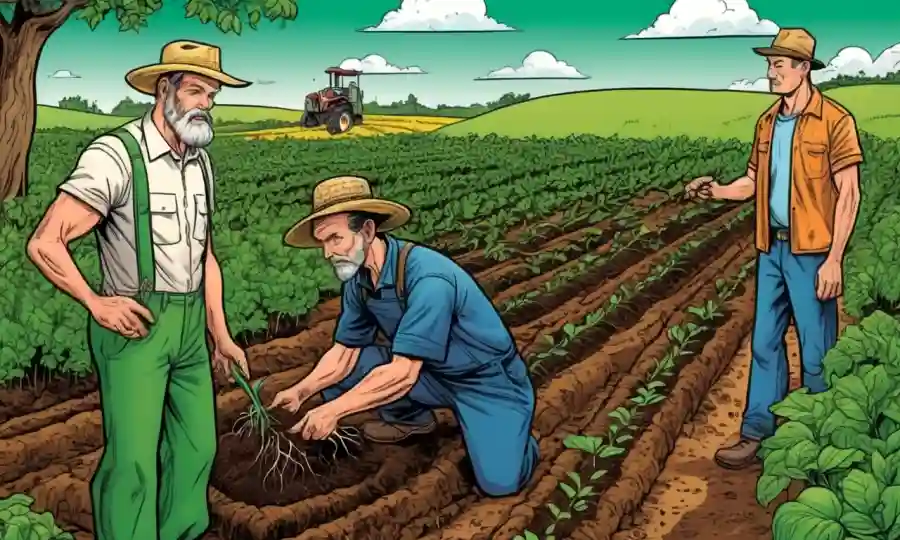 Los agricultores que examinan las raíces o los diagramas de suelo en medio de cultivos exuberantes con crecimiento verde.