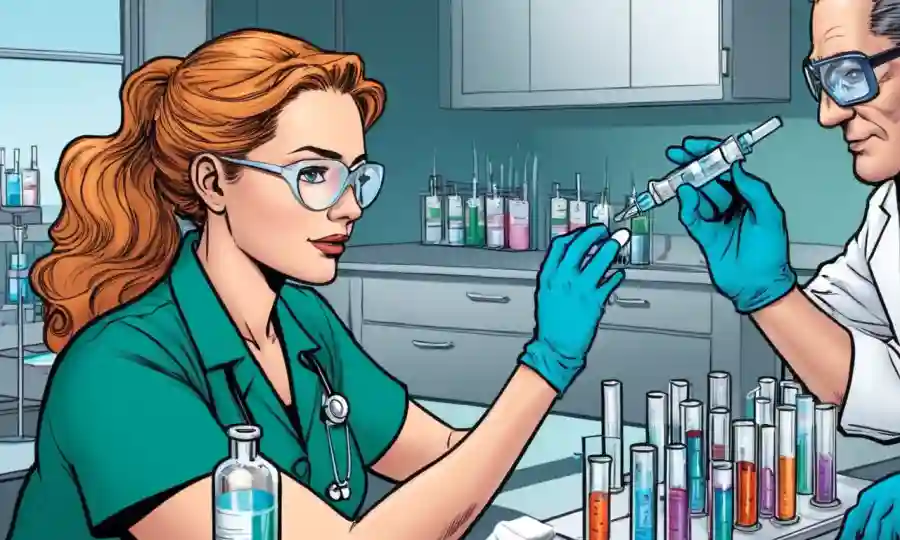 Un profesional médico que da una inyección de vacuna mientras monitorea tubos de prueba en un laboratorio.