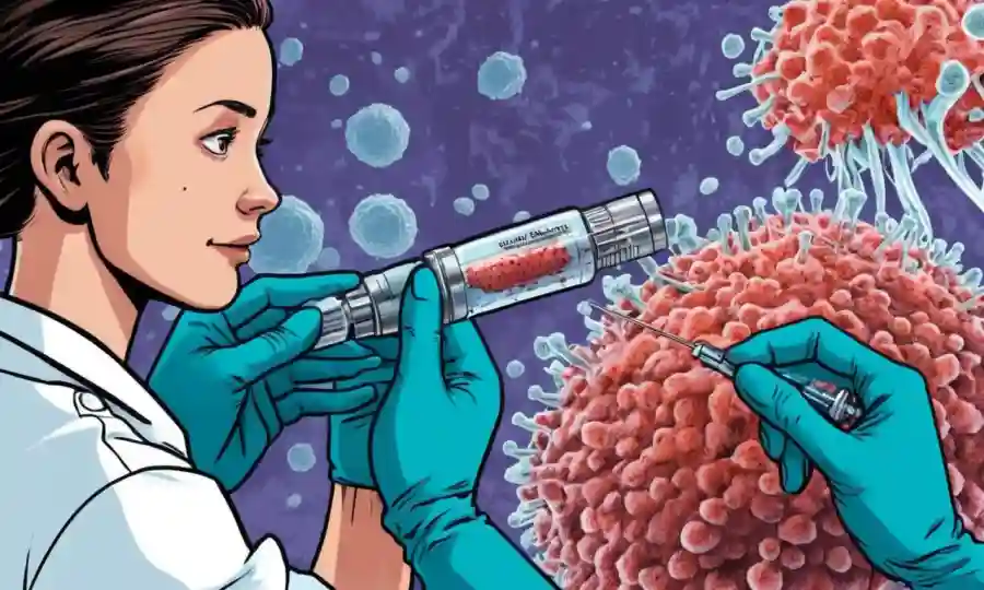 Una vacunación a la persona que recibe un trabajador sanitario; imágenes de microscopio de células fúngicas en el fondo.