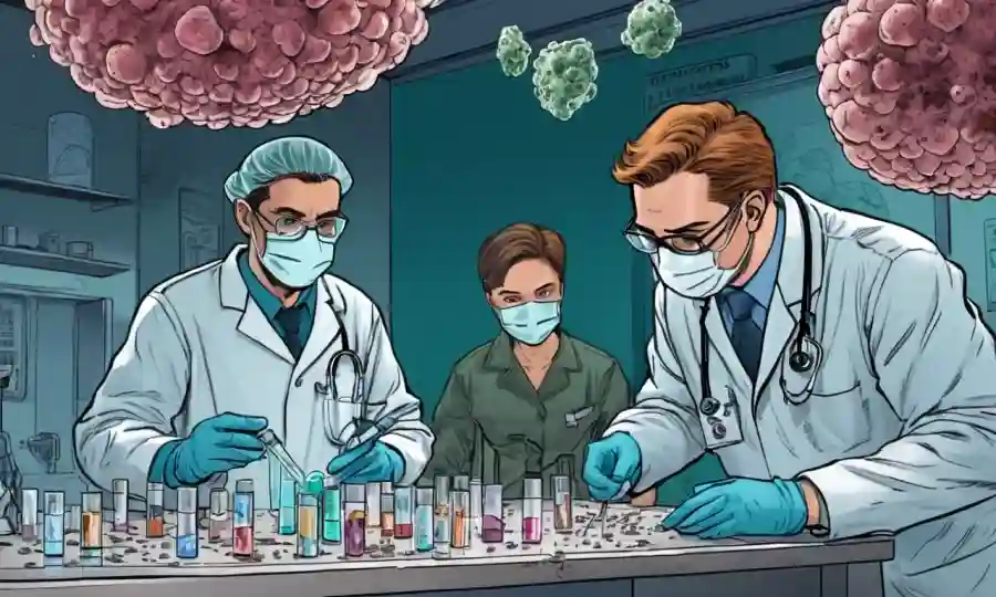 Profesionales médicos que examinan viales vacunales rodeados de ilustraciones de prevención del crecimiento fúngica.