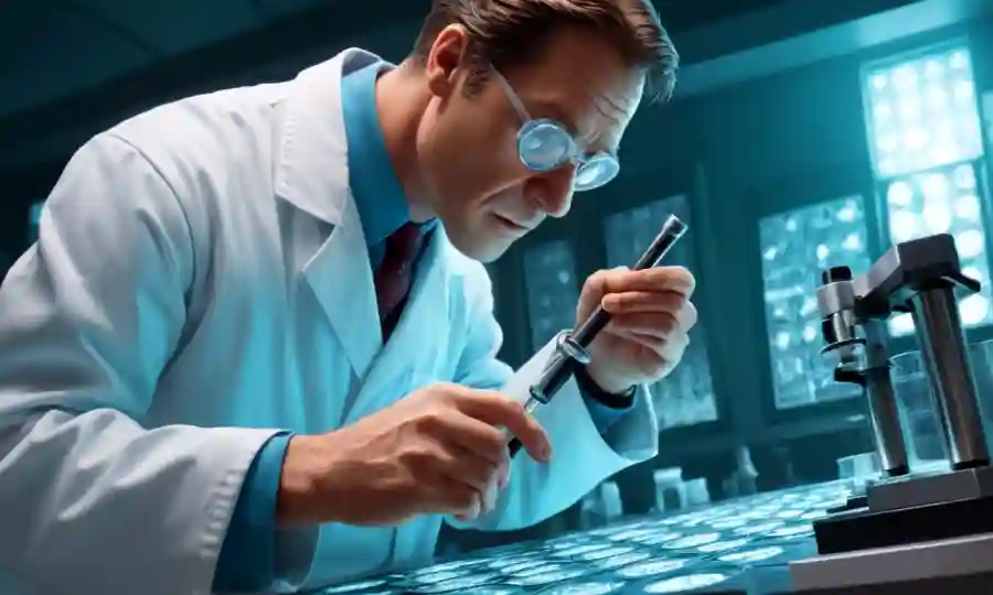 Científico examinando diapositivas microscópicas en un entorno de laboratorio.