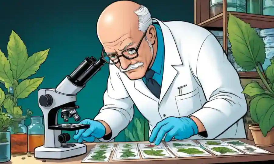 Científico examinando diapositivas de microscopio con varios especímenes de plantas en el fondo.