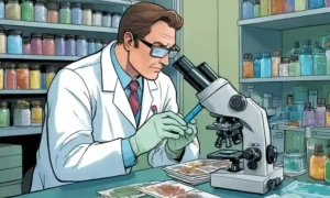 Un científico que examina una diapositiva de microscopio con varias muestras de especies.