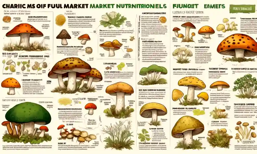 Un gráfico que muestra estadísticas de mercado y beneficios nutricionales de varios tipos de hongos.