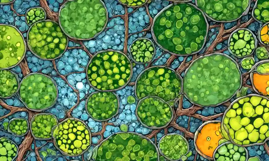 Vista microscópica de células vegetales que albergan hongos y bacterias beneficiosos rodeados de ramas de árboles.
