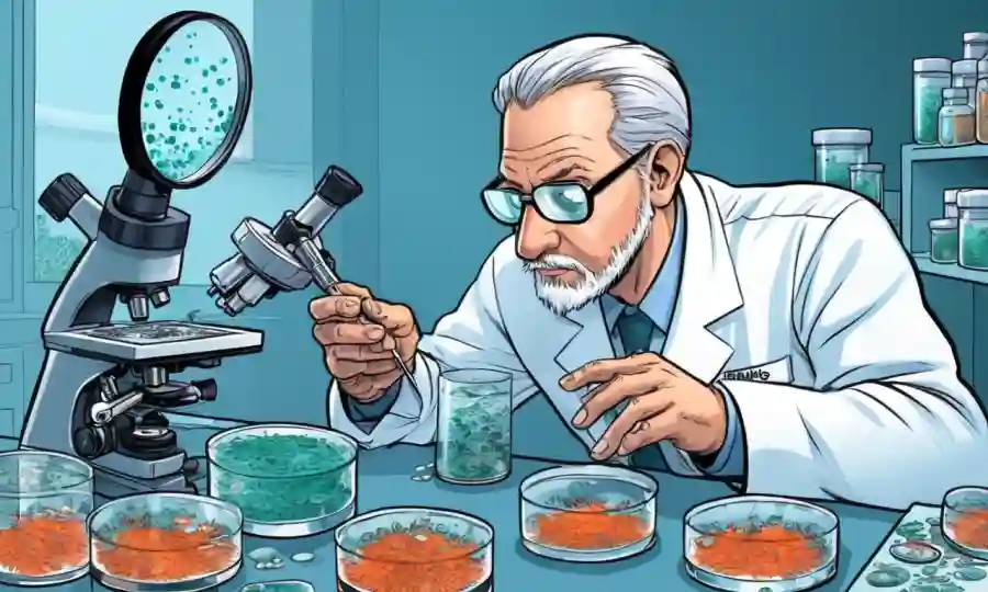 Científico que examina los platos petri que contienen culturas de hongos bajo un microscopio.