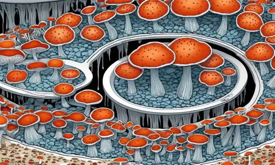 Setas microscópicas creciendo en placas de agar rodeadas de escalas de variables etiquetadas.