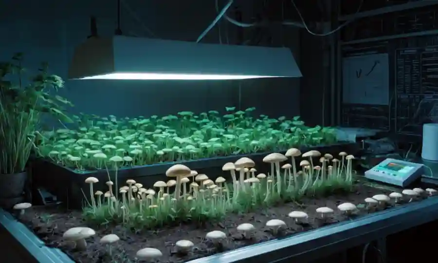Configuración de laboratorio que muestra hongos creciendo en diferentes condiciones de iluminación con gráficos de datos y equipos.