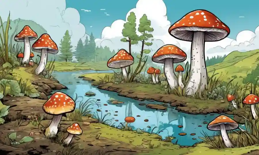 Diversos tipos de hongos creciendo en diferentes ambientes con indicadores climáticos.