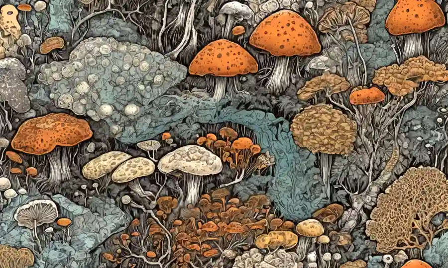 Imágenes microscópicas de estructuras fungosas de micelio y diversas ilustraciones de especies.