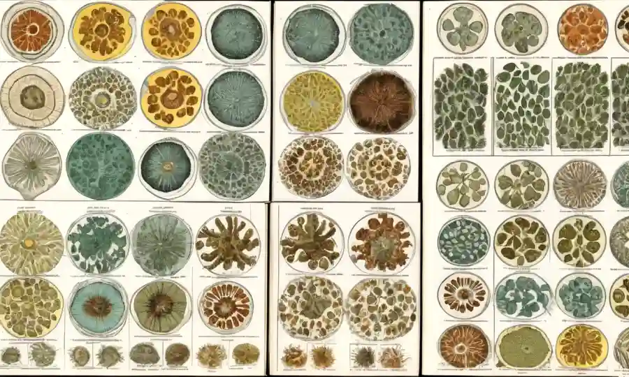 diapositivas microscópicas que muestran diversas variaciones genéticas de especies fúngicas.