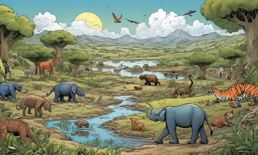 Un paisaje terrestre que muestra varias especies animales con diferentes adaptaciones morfológicas.