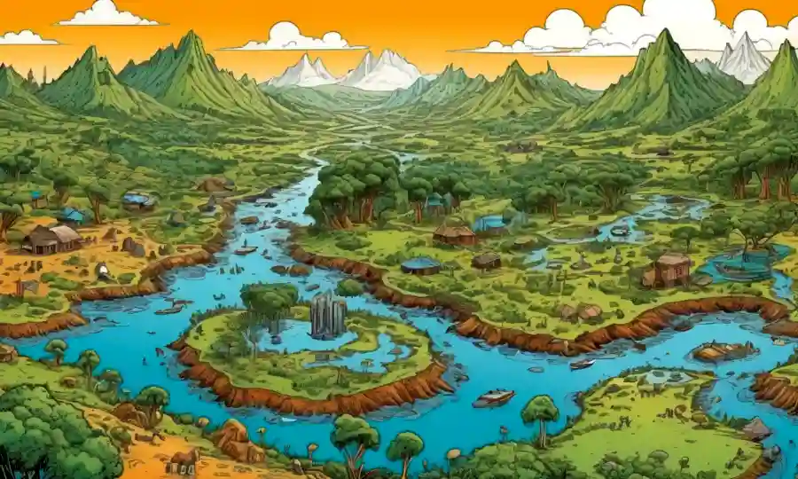 Representación gráfica de diferentes hábitats con variaciones morfológicas e ilustraciones del cambio climático.