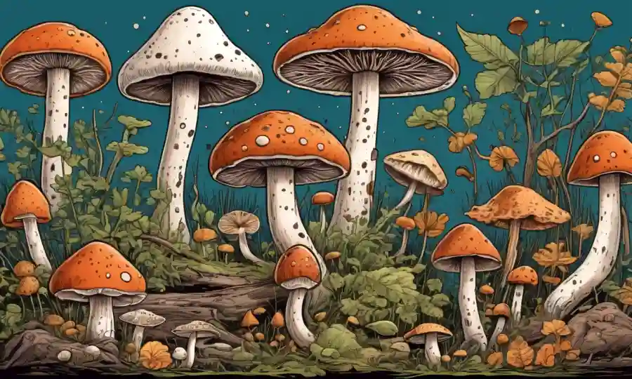Diversos tipos de hongos ilustrados junto a sus características únicas y detalles de uso.
