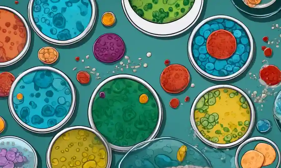 hongos microbianos creciendo en platos petri con iconos relacionados con la medicina que rodean.