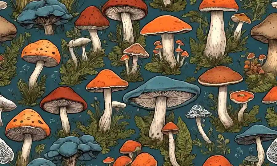 Varias especies de hongos exhibidas con ilustraciones detalladas.
