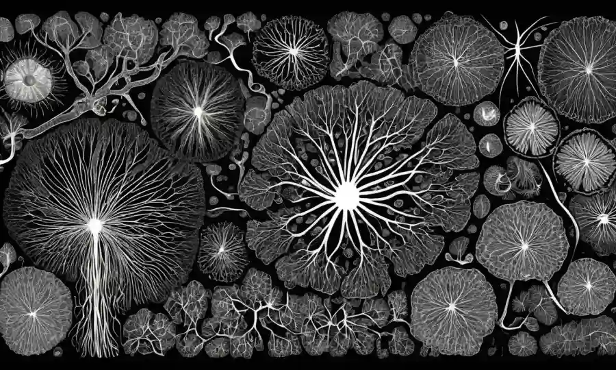 Vistas microscópicas de hyphae hongos en varias formas y estructuras.
