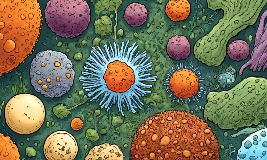 Una imagen microscópica de varias esporas entre elementos ecológicos, destacando su importancia.
