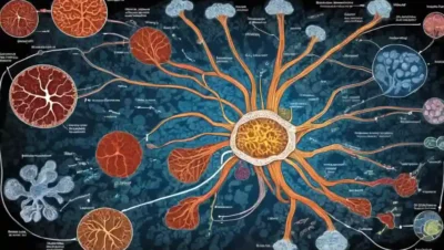 Estructura de micelio con vías metabólicas destacadas y biomoleculas.