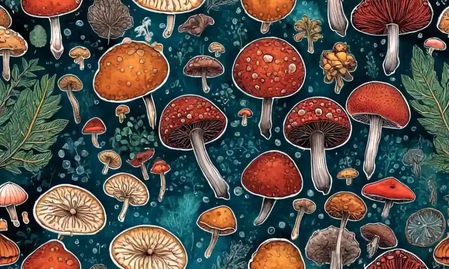 Ilustraciones microscópicas de hongos destacando implicaciones biológicas y sanitarias con moléculas y caminos.