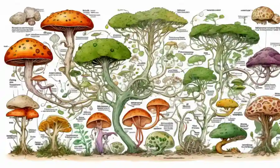 Diagrama científico que ilustra caminos metabólicos fungos y procesos clave en un fondo blanco.