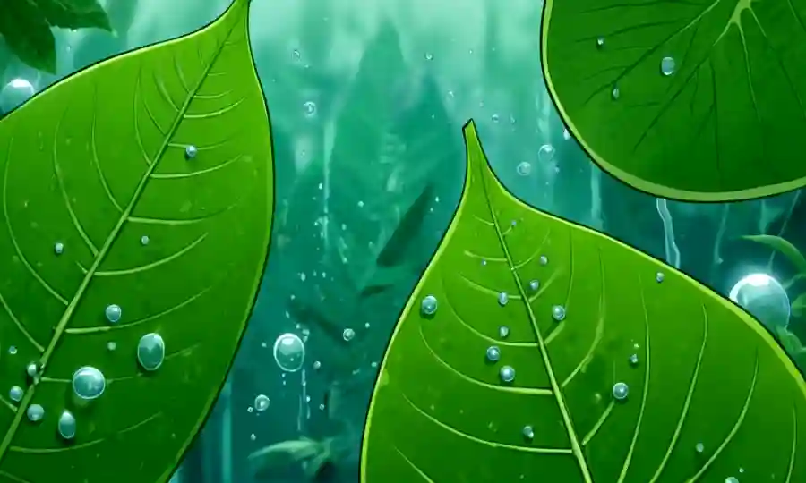 Microorganismos interactuando sobre una hoja o tallo en medio de una vegetación exuberante y una gota de agua, con elementos educativos animados y fondos sutiles.